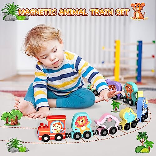 Zeoddler Toys for Toddlers, 11 Magnetic Wooden Animals Train Set, Montessori Toys for Toddlers, Preschool Learning Activities for Kids, Birthday Gifts for Boys, Girls - 44