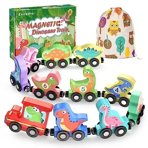 Zeoddler Toys for Toddlers, 11 Magnetic Wooden Dinosaur Train Set, Montessori Toys for Toddlers, Preschool Educational Material for Kids, Birthday Gifts for Boys, Girls - 1