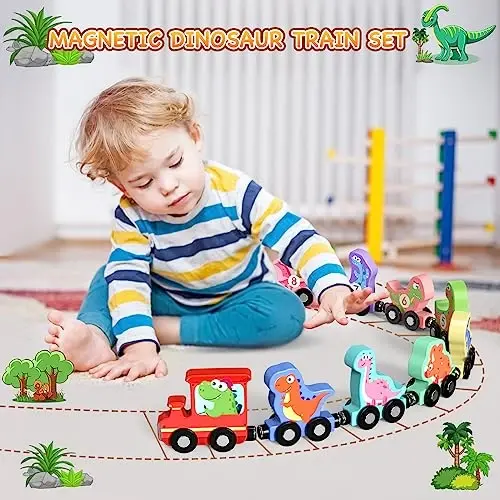 Zeoddler Toys for Toddlers, 11 Magnetic Wooden Dinosaur Train Set, Montessori Toys for Toddlers, Preschool Educational Material for Kids, Birthday Gifts for Boys, Girls - 2