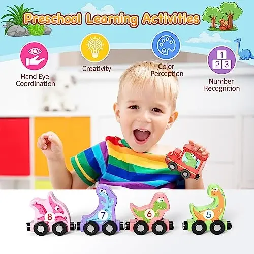 Zeoddler Toys for Toddlers, 11 Magnetic Wooden Dinosaur Train Set, Montessori Toys for Toddlers, Preschool Educational Material for Kids, Birthday Gifts for Boys, Girls - 3