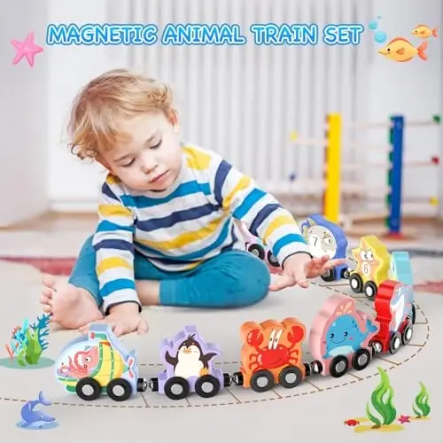 Zeoddler Toys for Toddlers, 11 Magnetic Wooden Sea Animals Train Set, Montessori Toys for Toddlers, Educational Activities for Kids, Birthday Gifts for Boys, Girls - 2