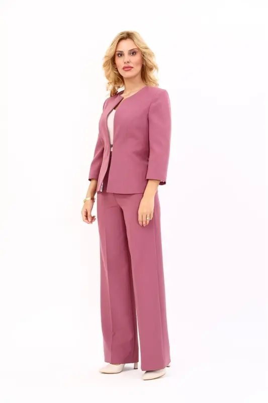 Zero Collar Plain Short Jacket & Wide Leg Pants Suit-Rose-Rose - 2