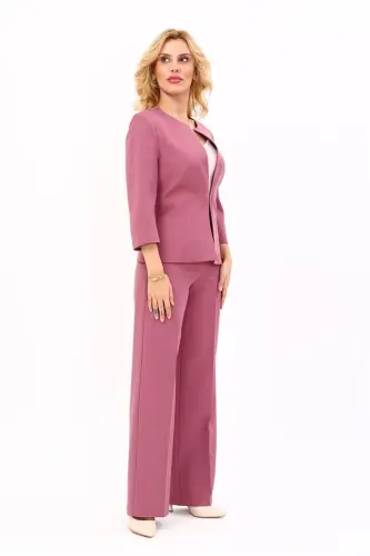 Zero Collar Plain Short Jacket & Wide Leg Pants Suit-Rose-Rose - 4