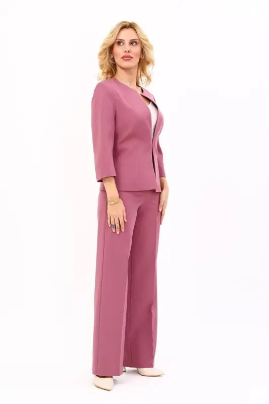 Zero Collar Plain Short Jacket & Wide Leg Pants Suit-Rose-Rose - 4