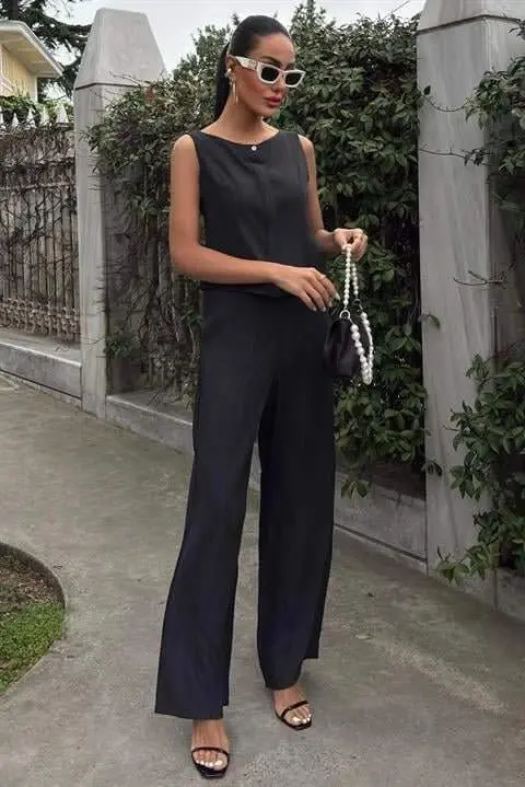 Zero Sleeve Blouse Batik Patterned Pants Two Piece Set 10181-08 - 1