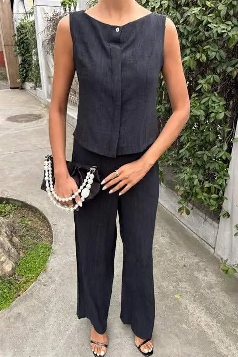 Zero Sleeve Blouse Batik Patterned Pants Two Piece Set 10181-08 - 4