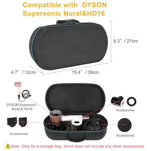 Жесткий чехол для переноски XINGFUDAO, совместимый с феном Dyson Supersonic Nural HD16, Замена дорожной сумки для хранения фена Dyson Supersonic HD08 и HD15 (черный) - 2