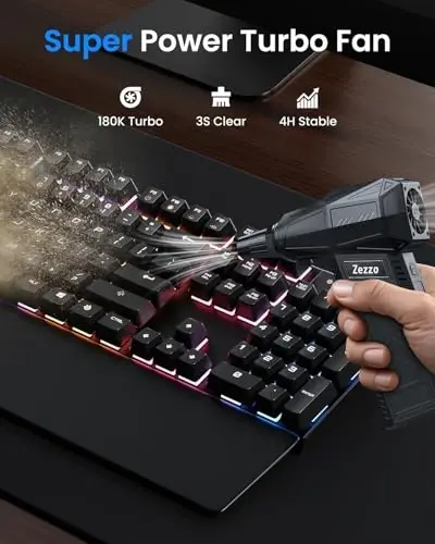 Zezzofan Compressed Air Duster, 180000RPM Mini Electric Air Duster, Powerful Blower High Speed Duct Fan, 3 Adjustable Rechargeable Cordless Air Broom for Keyboards Home Outdoor Dust Rain Snow Removal - 2