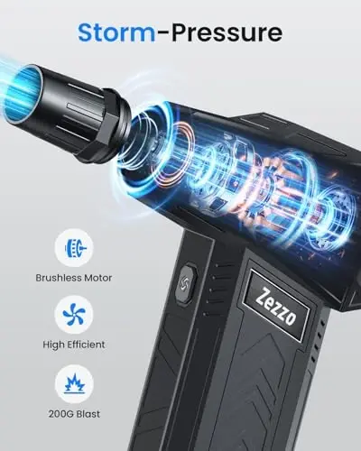 Zezzofan Compressed Air Duster, 180000RPM Mini Electric Air Duster, Powerful Blower High Speed Duct Fan, 3 Adjustable Rechargeable Cordless Air Broom for Keyboards Home Outdoor Dust Rain Snow Removal - 4