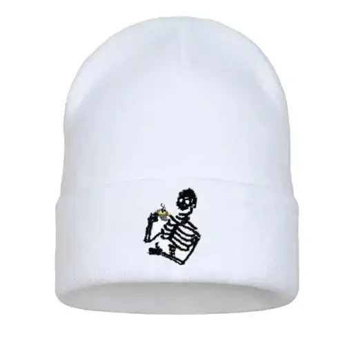 Zgboaht Embroidered Beanie for Men Women Stretch Knited Winter Hat Warm Cuffed Skeleton Hat Skull Cap 