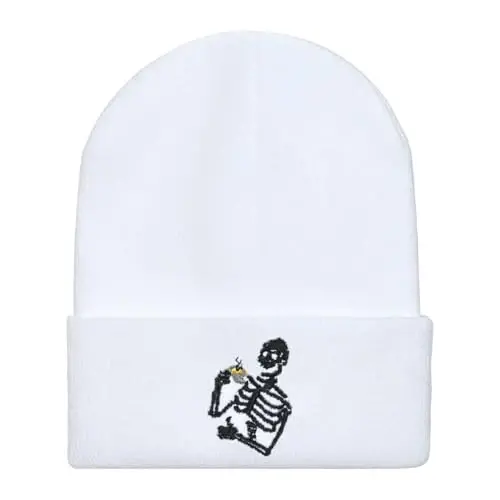 Zgboaht Embroidered Beanie for Men Women Stretch Knited Winter Hat Warm Cuffed Skeleton Hat Skull Cap - 2