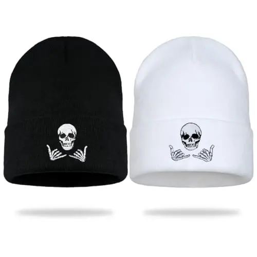 Zgboaht Embroidered Beanie for Men Women Stretch Knited Winter Hat Warm Cuffed Skeleton Hat Skull Cap 