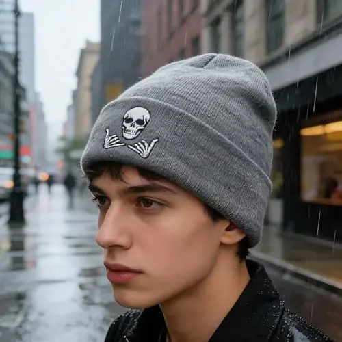 Zgboaht Embroidered Beanie for Men Women Stretch Knited Winter Hat Warm Cuffed Skeleton Hat Skull Cap - 4
