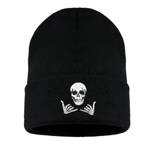 Zgboaht Embroidered Beanie for Men Women Stretch Knitted Winter Hat Warm Cuffed Skeleton Hat Skull Cap - 1