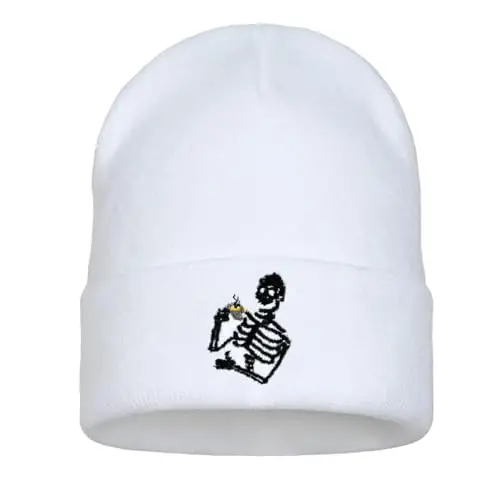 Zgboaht Embroidered Beanie for Men Women Stretch Knited Winter Hat Warm Cuffed Skeleton Hat Skull Cap 