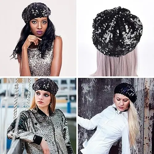 ZGMYC Shiny Sequin Beret Hat for Women Girls Fashion Beanie Cap Costume Accessories for Festival Party Dance - 3