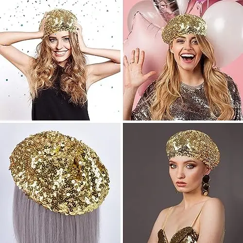 ZGMYC Shiny Sequin Beret Hat for Women Girls Fashion Beanie Cap Costume Accessories for Festival Party Dance - 3