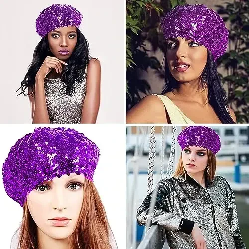 ZGMYC Shiny Sequin Beret Hat for Women Girls Fashion Beanie Cap Costume Accessories for Festival Party Dance - 3
