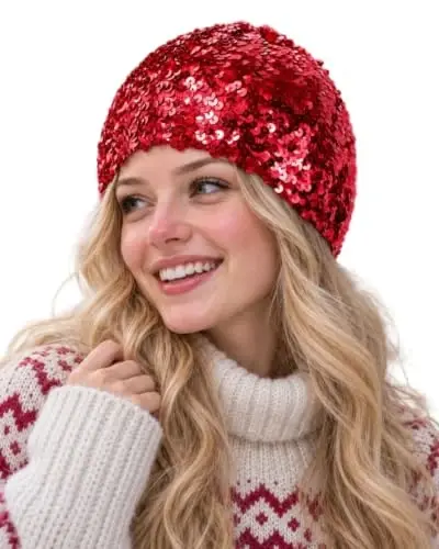 ZGMYC Shiny Sequin Beret Hat for Women Glitter Beanie Hats Party Costume Headwear Carnival Accessories - 1