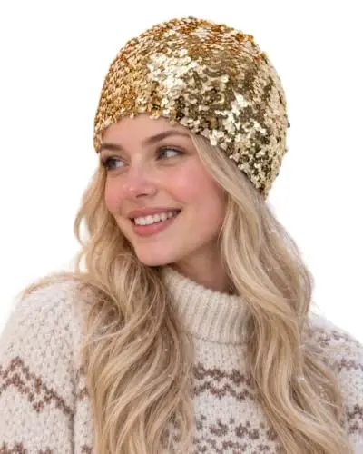 ZGMYC Shiny Sequin Beret Hat for Women Glitter Beanie Hats Party Costume Headwear Carnival Accessories - 1