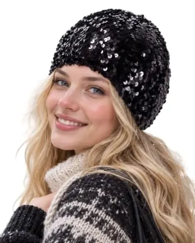 ZGMYC Shiny Sequin Beret Hat for Women Glitter Beanie Hats Party Costume Headwear Carnival Accessories - 1