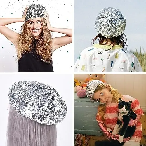 ZGMYC Shiny Sequin Beret Hat for Women Glitter Beanie Hats Party Costume Headwear Carnival Accessories - 3