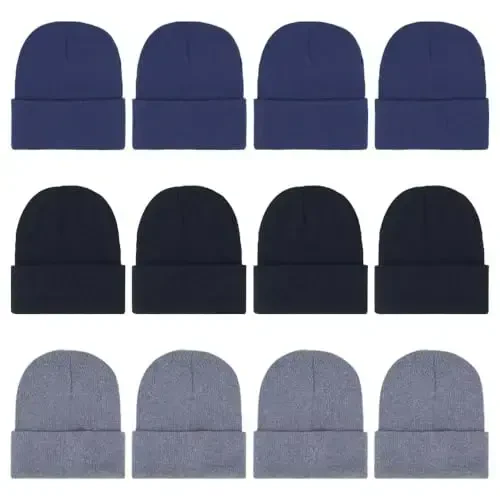 ZH 12-Pack Knitted Winter Beanie Hats for Men and Women, Warm and Cozy Cuffed Skull Caps, Bulk Purchase - 1
