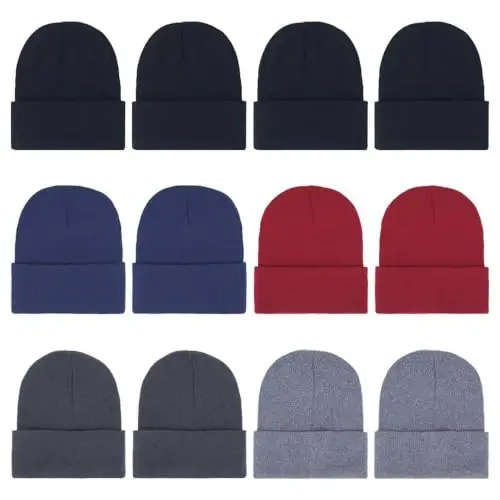 ZH 12-Pack Knitted Winter Beanie Hats for Men and Women, Warm and Cozy Cuffed Skull Caps, Bulk Purchase - ZH