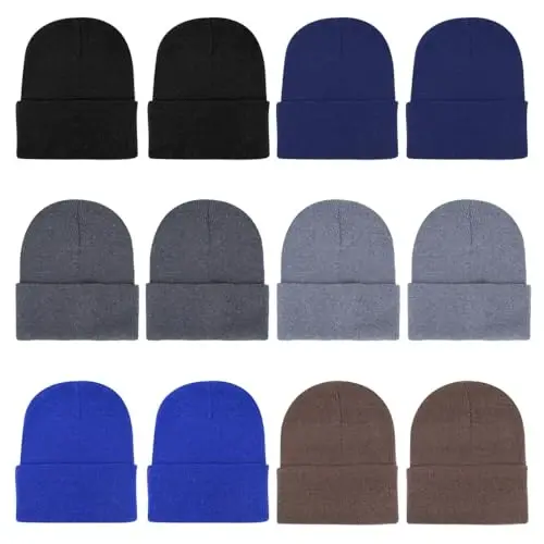 ZH 12-Pack Knitted Winter Beanie Hats for Men and Women, Warm and Cozy Cuffed Skull Caps, Bulk Purchase 