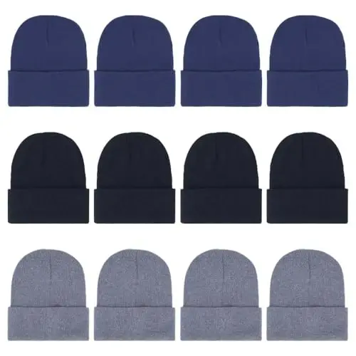 ZH 12-Pack Knitted Winter Beanie Hats for Men and Women, Warm and Cozy Cuffed Skull Caps, Bulk Purchase 