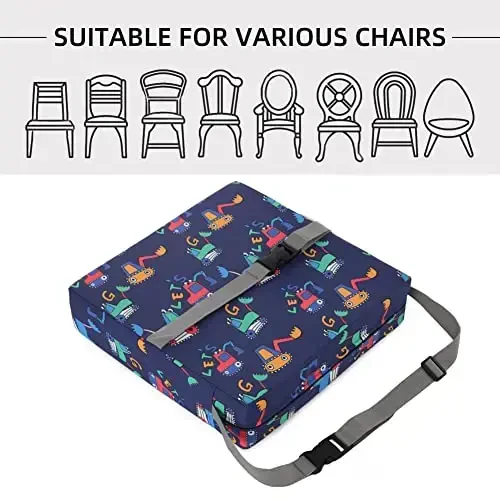 Zicac Portable Toddler Booster Seat for Dining Table, Safer Non-Slip Kids Booster Seat with Double Adjustable Straps, Washable Detachable Strong Support Increasing Cushion for Child (Blue Excavator) - 5