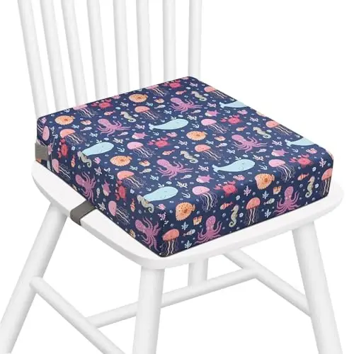 Zicac Portable Toddler Booster Seat for Dining Table, Safer Non-Slip Kids Booster Seat with Double Adjustable Straps, Washable Detachable Strong Support Increasing Cushion for Child (Purple Octopus) - 2