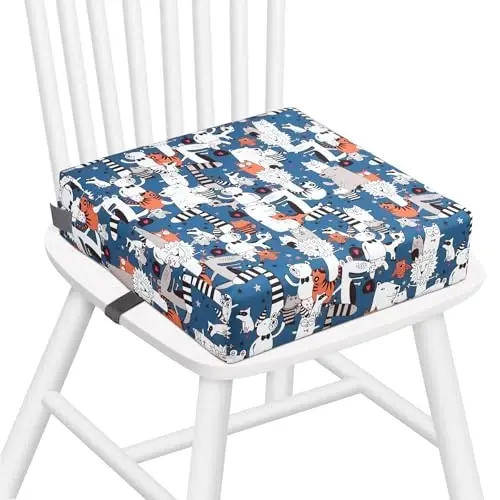 Zicac Portable Toddler Booster Seat for Dining Table, Safer Non-Slip Kids Booster Seat with Double Adjustable Straps, Washable Detachable Strong Support Increasing Cushion for Child (White Blue) - ZICAC (1)