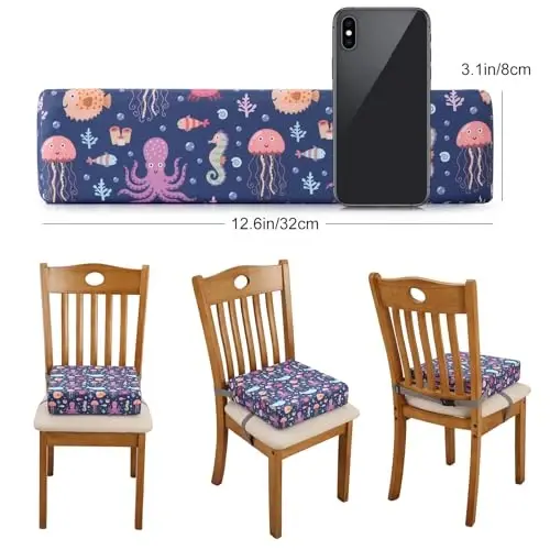Zicac Portable Toddler Booster Seat ovqatlanish stoli uchun, sirpanmaydigan xavfsiz bolalar uchun o'rindiq, ikki tomonlama sozlanishi tasmalari bilan, bolalar uchun yuviladigan ajratiladigan kuchli qo'llab-quvvatlash yostig'i (binafsha sakkizoyoq) - 3