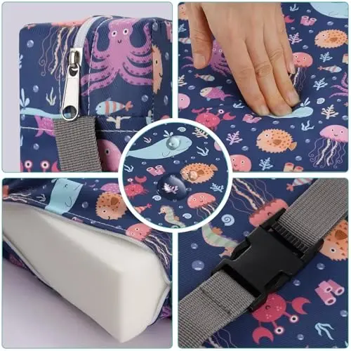 Zicac Portable Toddler Booster Seat ovqatlanish stoli uchun, sirpanmaydigan xavfsiz bolalar uchun o'rindiq, ikki tomonlama sozlanishi tasmalari bilan, bolalar uchun yuviladigan ajratiladigan kuchli qo'llab-quvvatlash yostig'i (binafsha sakkizoyoq) - 4