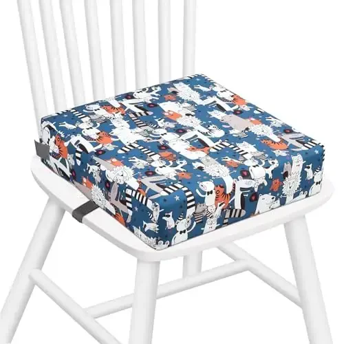 Zicac Portable Toddler Booster Seat for Dining Table, Safer Non-Slip Kids Booster Seat with Double Adjustable Straps, Washable Detachable Strong Support Increasing Cushion for Child (White Blue) 