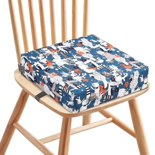Zicac Portable Toddler Booster Seat for Dining Table, Safer Non-Slip Kids Booster Seat with Double Adjustable Straps, Washable Detachable Strong Support Increasing Cushion for Child (White Blue) - 1