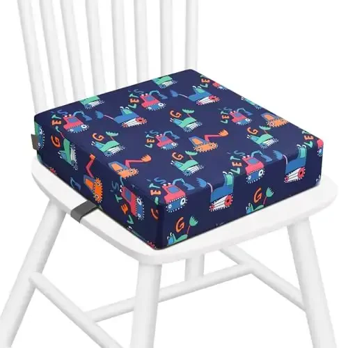 Zicac Portable Toddler Booster Seat for Dining Table, Safer Non-Slip Kids Booster Seat with Double Adjustable Straps, Washable Detachable Strong Support Increasing Cushion for Child (Blue Excavator) 
