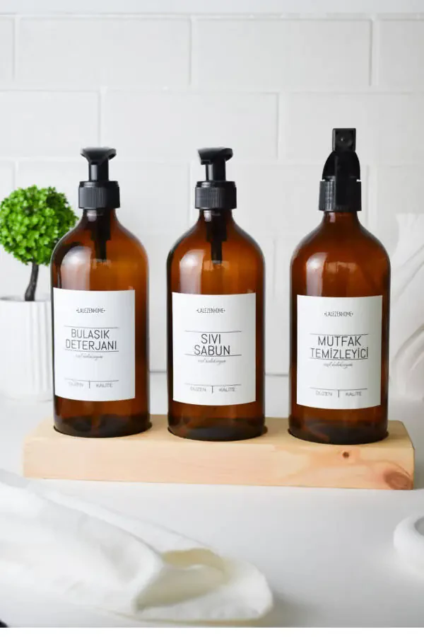 Жидкое мыло для мытья посуды, средство для чистки кухни, 500 мл, янтарное, с белой этикеткой, на деревянной подставке (3 штуки) - 1