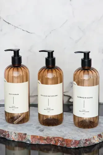 Жидкое мыло, средство для мытья посуды, отбеливатель. Этикетка, пластиковая бутылка с помпой, 3 шт., светло-коричневый, 500 мл. - 4