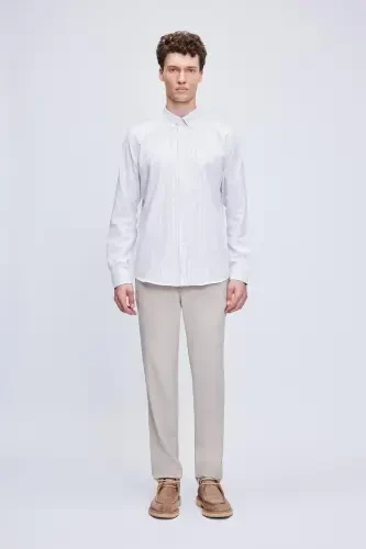 Жигарранг рангдаги Comfort Fit чизикли пахтадан тикилган тугмали ёка - HATEMOĞLU (1)