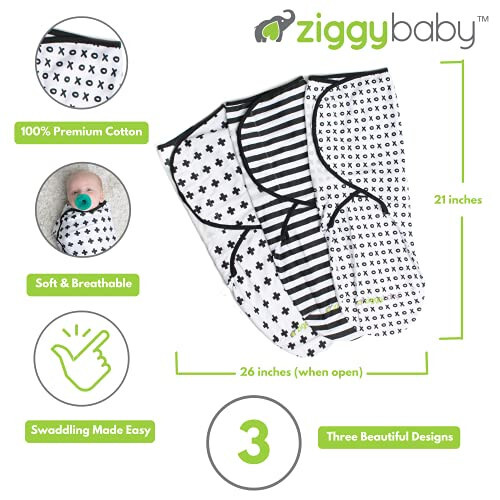 Ziggy Baby Sozlanadigan Chaqaloqlar uchun 0-3 oylik Beziklar - Bolalarni o'rash uchun Adashgan To'plam 3 ta - Yumshoq Paxta Qora & Oq - Yangi tug'ilgan Chaqaloqlar uchun Beziklar, Bolani o'rash uchun Bezik - 32