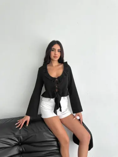 Zig'ir uzun yeng bog'ich detallari bilan bluzka - Qora - 4