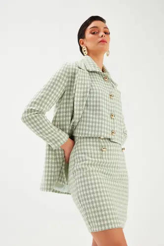 Zigzag Naqshli Mini Yubka - Firuza Rang - SATEEN (1)