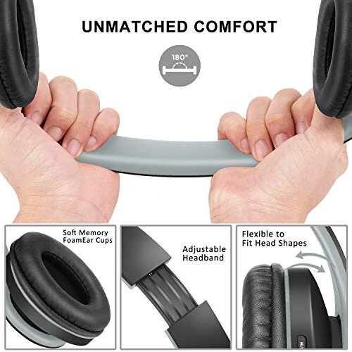 ZIHNIC Bluetooth Headphones Over-Ear, Foldable Wireless and Wired Stereo Headset Micro SD/TF, FM for Cell Phone, PC, Soft Earmuffs & Light Weight for Prolonged Wearing (Black/Gray) - ZIHNIC (1)