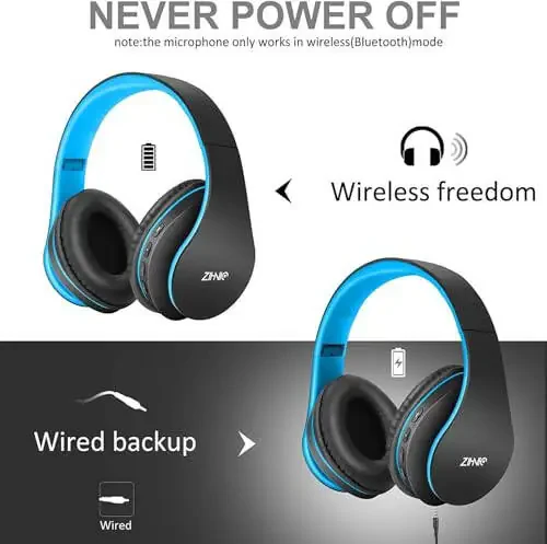ZIHNIC Bluetooth Headphones Over-Ear, Foldable Wireless and Wired Stereo Headset Micro SD/TF, FM for Cell Phone,PC,Soft Earmuffs &Light Weight for Prolonged Wearing (Black/Blue) - 4