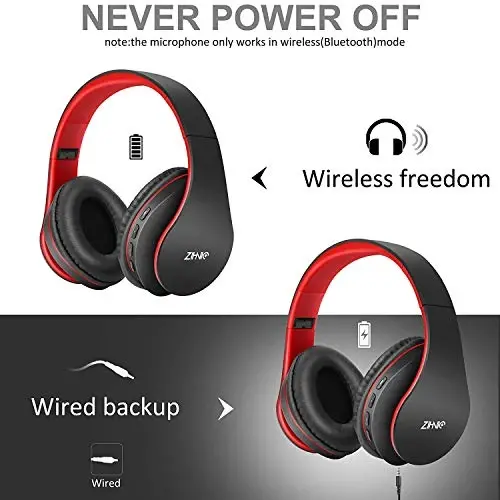 ZIHNIC Bluetooth Headphones Over-Ear, Foldable Wireless and Wired Stereo Headset Micro SD/TF, FM for Cell Phone,PC,Soft Earmuffs &Light Weight for Prolonged Wearing (Black/red) - 2