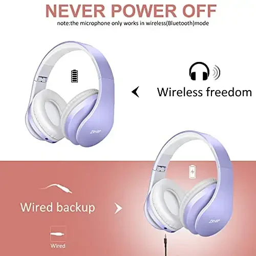 ZIHNIC Bluetooth Headphones Over-Ear, Foldable Wireless and Wired Stereo Headset Micro SD/TF, FM for Cell Phone,PC,Soft Earmuffs &Light Weight for Prolonged Wearing (Purple) - 4