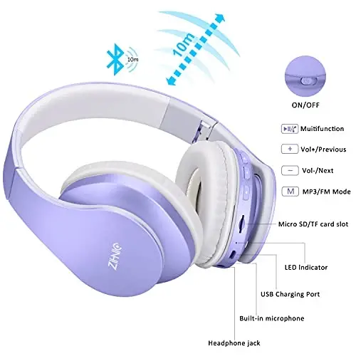ZIHNIC Bluetooth Headphones Over-Ear, Foldable Wireless and Wired Stereo Headset Micro SD/TF, FM for Cell Phone,PC,Soft Earmuffs &Light Weight for Prolonged Wearing (Purple) - 2