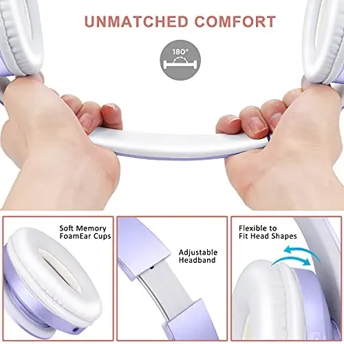 ZIHNIC Bluetooth Headphones Over-Ear, Foldable Wireless and Wired Stereo Headset Micro SD/TF, FM for Cell Phone,PC,Soft Earmuffs &Light Weight for Prolonged Wearing (Purple) - 3